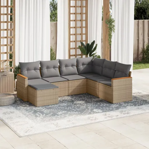 Conjunto de Sofás p/ Jardim com Almofadões Vime PE Bege (7 pcs)