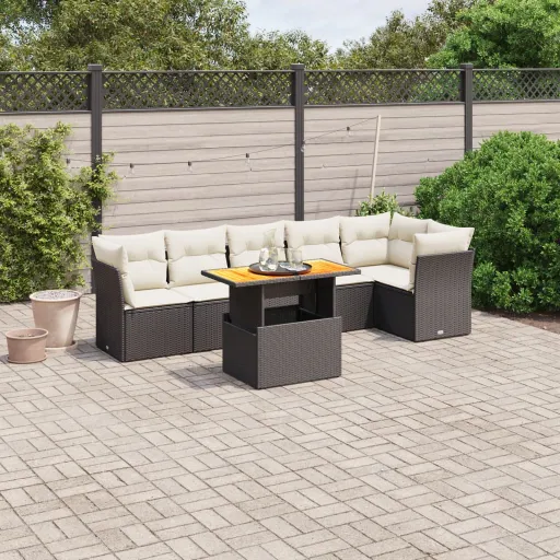 Conjunto de Sofás p/ Jardim c/ Almofadões Vime PE Preto (7 pcs)