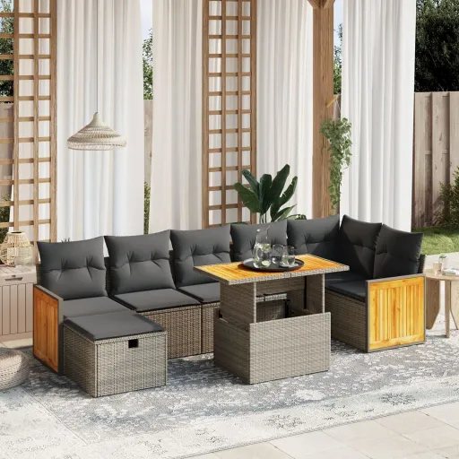 Conjunto Sofás de Jardim c/ Almofadões Vime PE Cinzento (8 pcs)