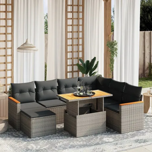 Conjunto Sofás de Jardim c/ Almofadões Vime PE Cinzento (8 pcs)