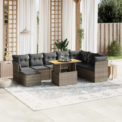 Conjunto Sofás p/ Jardim com Almofadões Vime PE Cinzento (9 pcs)