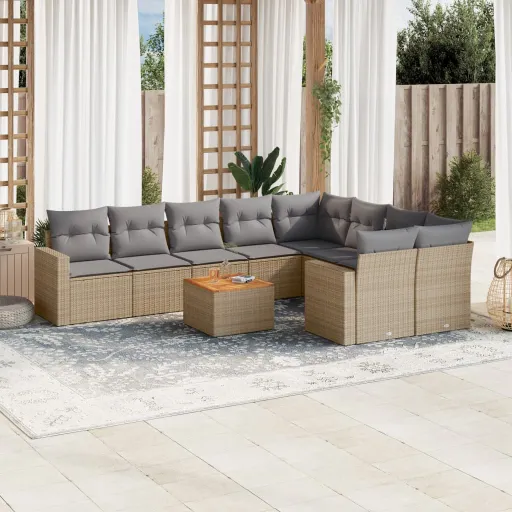 Conjunto de Sofás p/ Jardim com Almofadões Vime PE Bege (10 pcs)