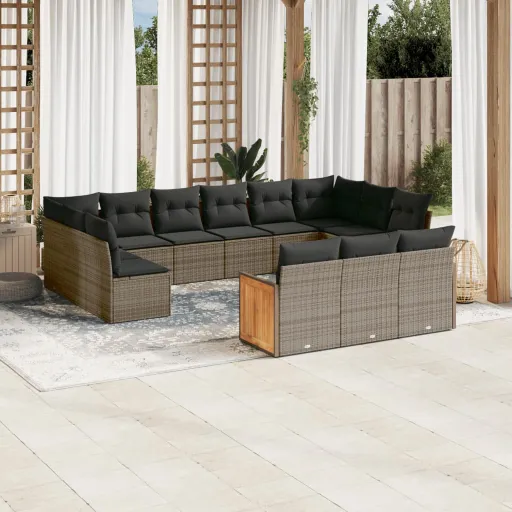 Conjunto Sofás p/ Jardim c/ Almofadões Vime PE Cinzento (13 pcs)
