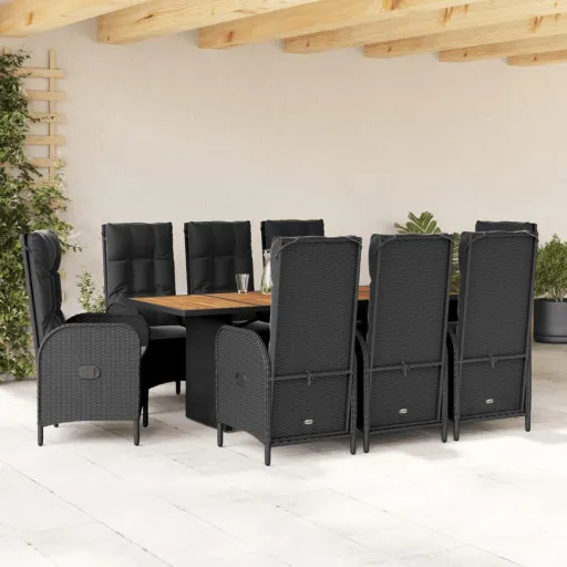 Conjunto de Jantar p/ Jardim c/ Almofadões Vime PE Preto (9 pcs)