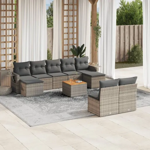 Conjunto Sofás de Jardim c/ Almofadões Vime PE Cinzento (10 pcs)