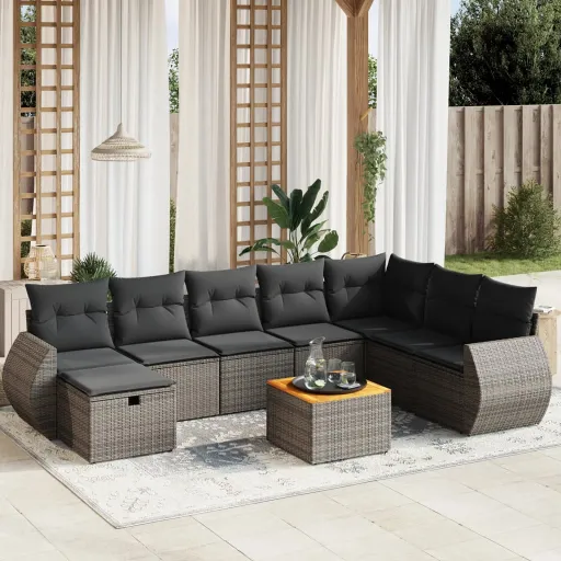 Conjunto Sofás p/ Jardim com Almofadões Vime PE Cinzento (9 pcs)