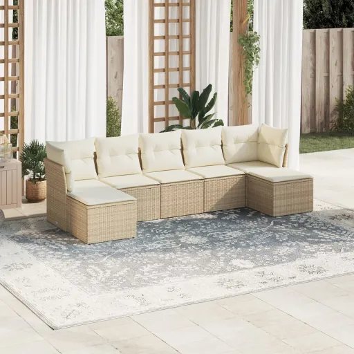 Conjunto de Sofás p/ Jardim com Almofadões Vime PE Bege (7 pcs)
