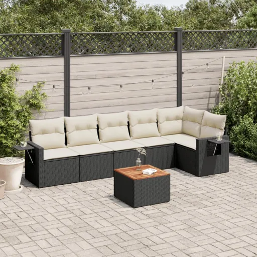 Conjunto de Sofás p/ Jardim c/ Almofadões Vime PE Preto (7 pcs)