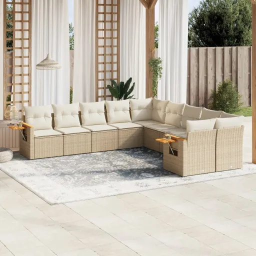 Conjunto de Sofás p/ Jardim com Almofadões Vime PE Bege (10 pcs)