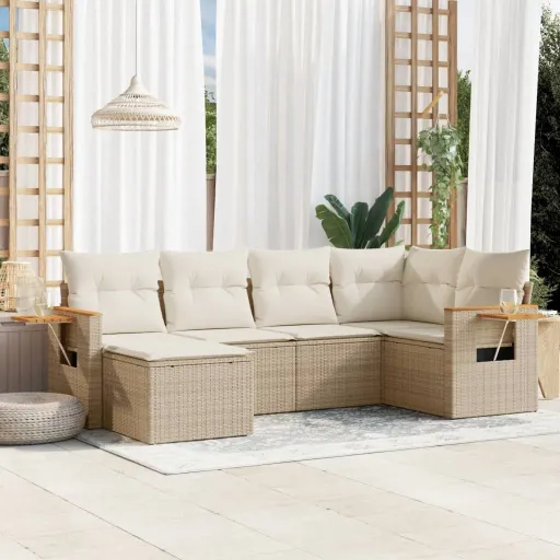 Conjunto de Sofás p/ Jardim com Almofadões Vime PE Bege (6 pcs)