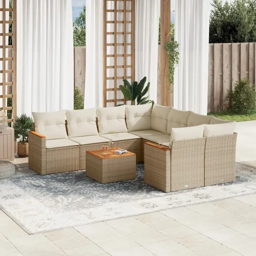 Conjunto de Sofás p/ Jardim com Almofadões Vime PE Bege (9 pcs)