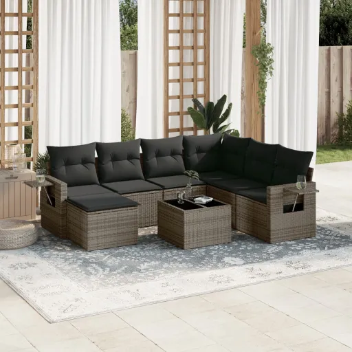 Conjunto Sofás de Jardim c/ Almofadões Vime PE Cinzento (8 pcs)