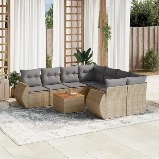 Conjunto de Sofás p/ Jardim com Almofadões Vime PE Bege (9 pcs)