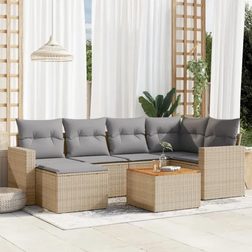 Conj. Sofás Jardim c/ Almofadões Vime PE Bege Misturado (7 pcs)