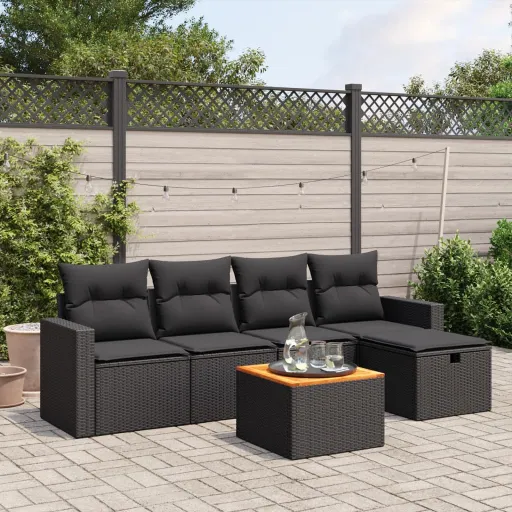Conjunto Sofás de Jardim c/ Almofadões Vime PE Preto (6 pcs)