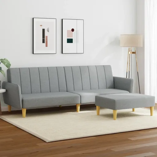 Sofá-Cama de 2 Lugares c/ Apoio de Pés Tecido Cinzento-Claro
