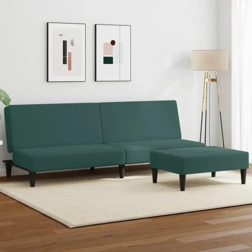 Sofá-Cama 2 Lugares c/ Apoio de Pés Veludo Verde-Escuro