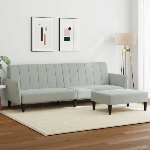 Sofá-Cama 2 Lugares c/ Apoio de Pés Veludo Cinza-Claro