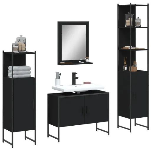 Conjunto Móveis Casa de Banho Derivados de Madeira Preto (4 pcs)