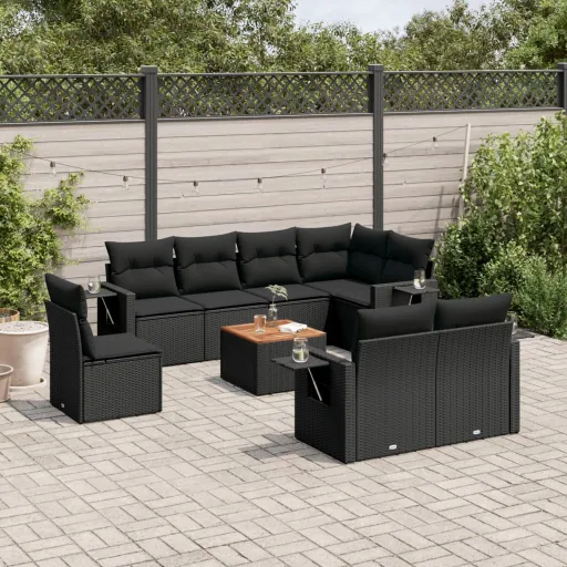 Conjunto de Sofás p/ Jardim c/ Almofadões Vime PE Preto (9 pcs)