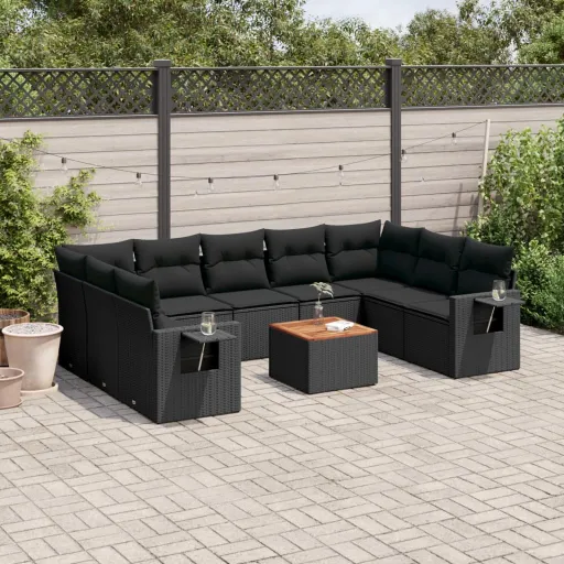 Conjunto Sofás de Jardim c/ Almofadões Vime PE Preto (10 pcs)