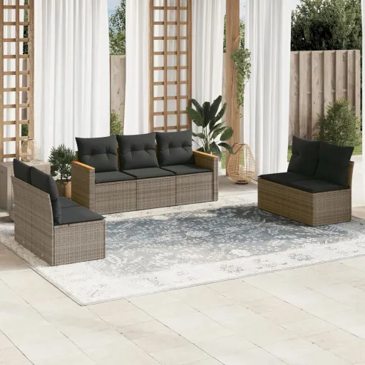 Conjunto Sofás p/ Jardim c/ Almofadões Vime PE Cinzento (7 pcs)