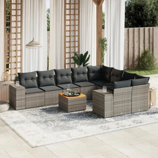 Conjunto Sofás de Jardim c/ Almofadões Vime PE Cinzento (10 pcs)