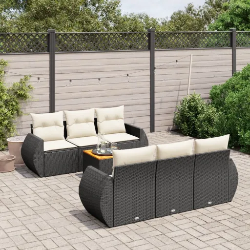 Conjunto de Sofás p/ Jardim c/ Almofadões Vime PE Preto (7 pcs)