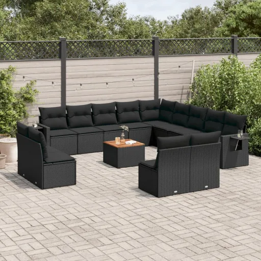 Conjunto de Sofás p/ Jardim c/ Almofadões Vime PE Preto (14 pcs)
