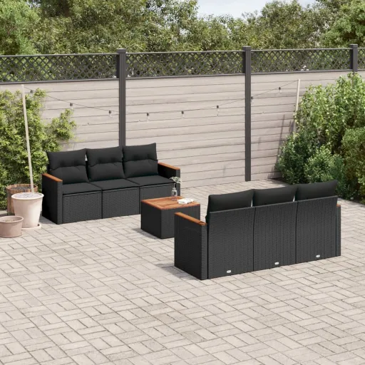 Conjunto de Sofás p/ Jardim c/ Almofadões Vime PE Preto (7 pcs)