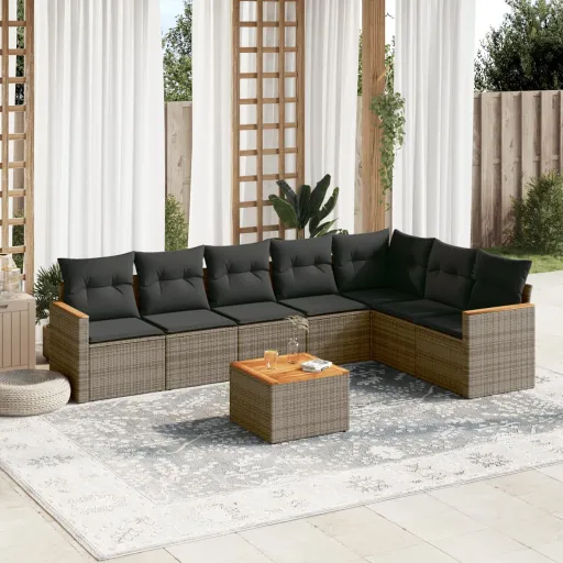 Conjunto Sofás de Jardim c/ Almofadões Vime PE Cinzento (8 pcs)