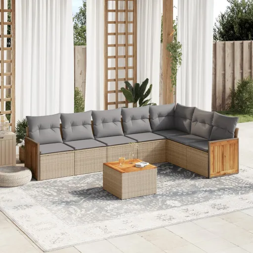 Conjunto de Sofás p/ Jardim com Almofadões Vime PE Bege (8 pcs)