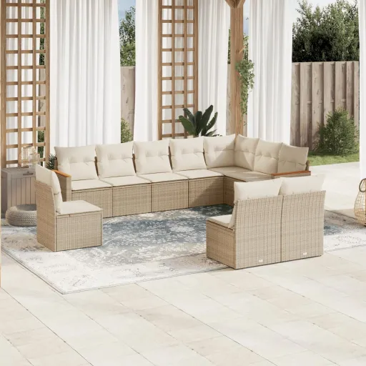 Conjunto de Sofás p/ Jardim com Almofadões Vime PE Bege (10 pcs)