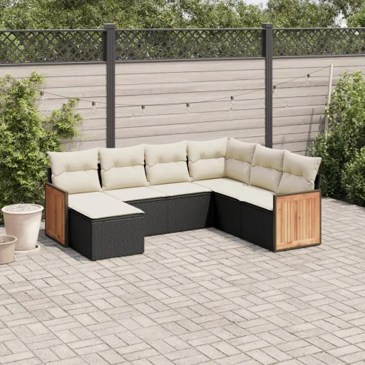 Conjunto de Sofás p/ Jardim c/ Almofadões Vime PE Preto (7 pcs)