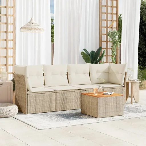 Conjunto de Sofás p/ Jardim com Almofadões Vime PE Bege (5 pcs)