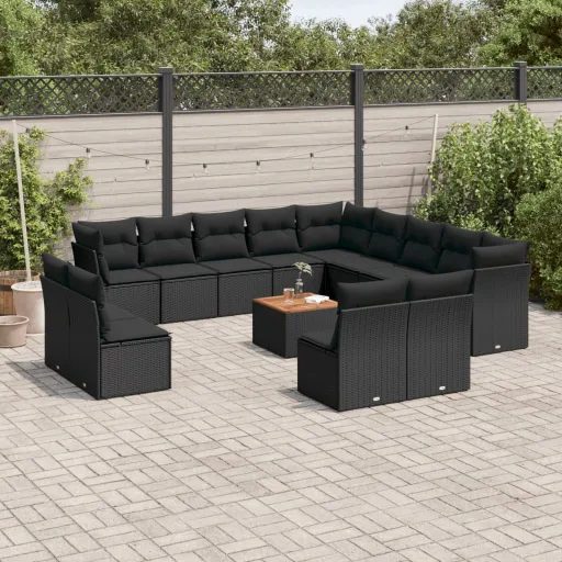 Conjunto de Sofás p/ Jardim c/ Almofadões Vime PE Preto (14 pcs)