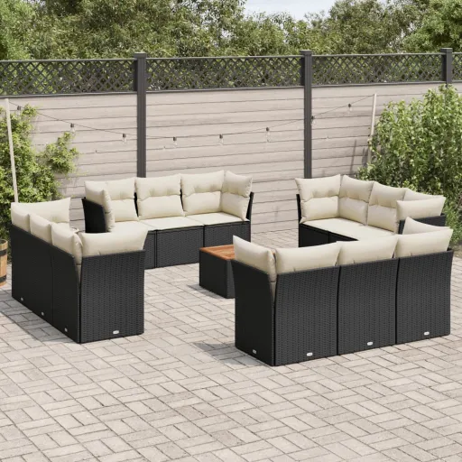 Conjunto de Sofás de Jardim com Almofadões Vime PE Preto (13 pcs)