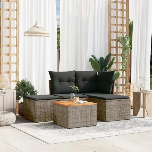 Conjunto Sofás de Jardim c/ Almofadões Vime PE Cinzento (5 pcs)