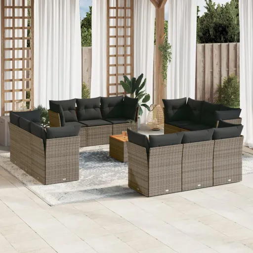 Conjunto Sofás p/ Jardim c/ Almofadões Vime PE Cinzento (13 pcs)