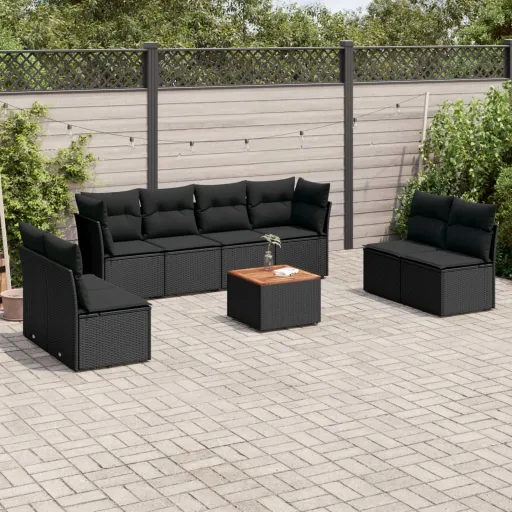 Conjunto de Sofás p/ Jardim c/ Almofadões Vime PE Preto (9 pcs)