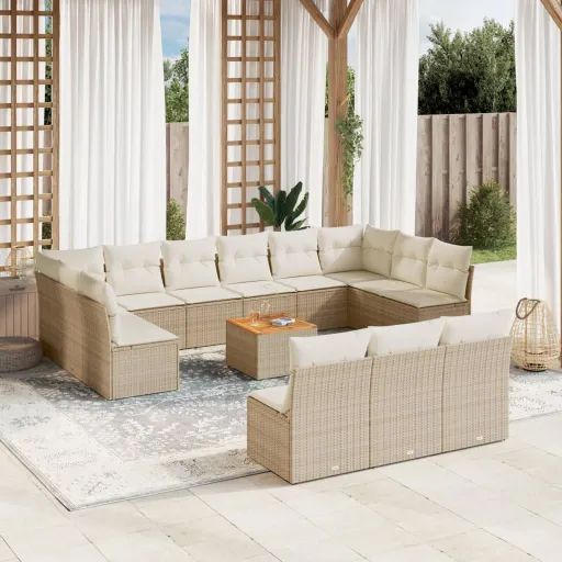 Conjunto de Sofás p/ Jardim com Almofadões Vime PE Bege (14 pcs)