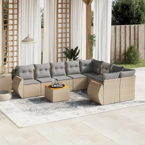 Conjunto de Sofás p/ Jardim com Almofadões Vime PE Bege (9 pcs)