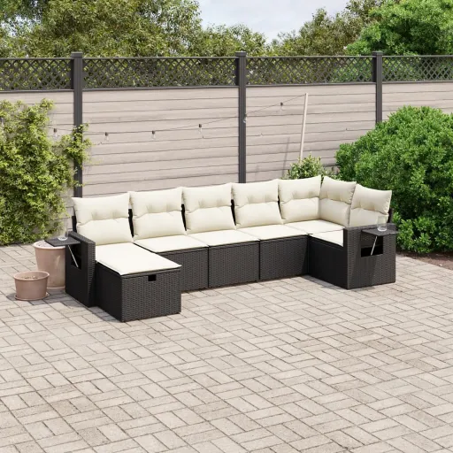Conjunto de Sofás p/ Jardim c/ Almofadões Vime PE Preto (7 pcs)