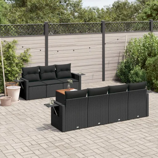 Conjunto Sofás de Jardim com Almofadões Vime PE Preto (8 pcs)
