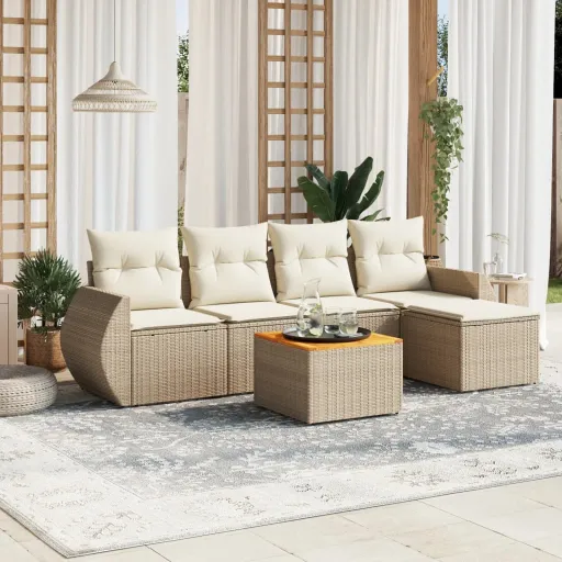 Conjunto de Sofás p/ Jardim com Almofadões Vime PE Bege (6 pcs)