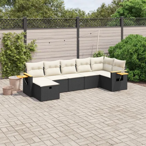 Conjunto de Sofás p/ Jardim c/ Almofadões Vime PE Preto (7 pcs)