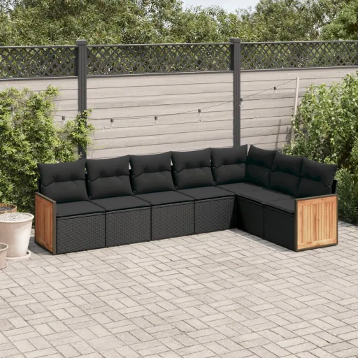 Conjunto de Sofás p/ Jardim c/ Almofadões Vime PE Preto (7 pcs)