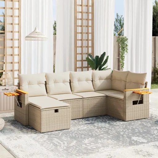 Conjunto de Sofás p/ Jardim com Almofadões Vime PE Bege (6 pcs)