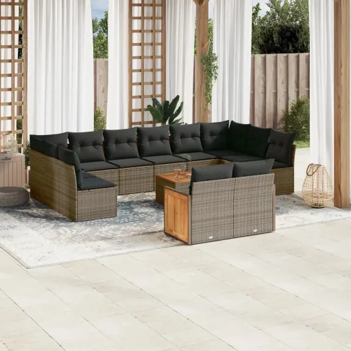 Conjunto Sofás p/ Jardim c/ Almofadões Vime PE Cinzento (13 pcs)