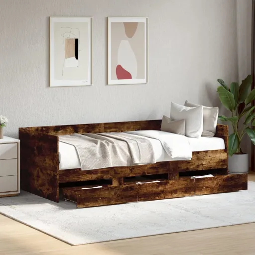 Sofá-Cama com Gavetas Sem Colchão 100x200 cm Carvalho Fumado